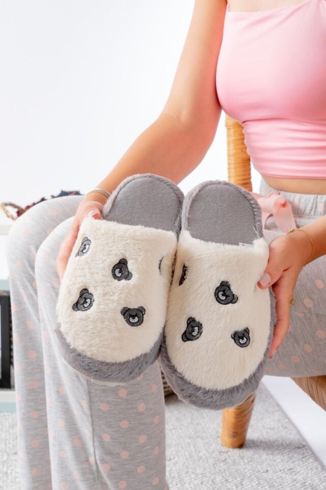 Pofuduk Figürlü Panduf Kadın Ev Teliği Ses Yapmaz Hafif Yumuşak Taban AYILI GRİ - 38-39