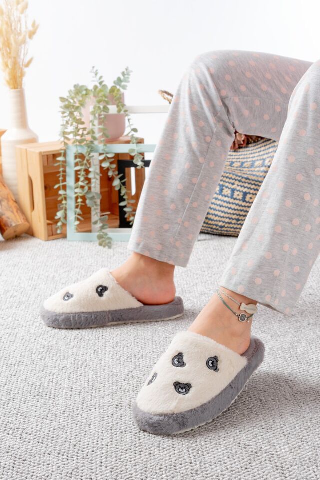 Pofuduk Figürlü Panduf Kadın Ev Teliği Ses Yapmaz Hafif Yumuşak Taban AYILI GRİ - 38-39