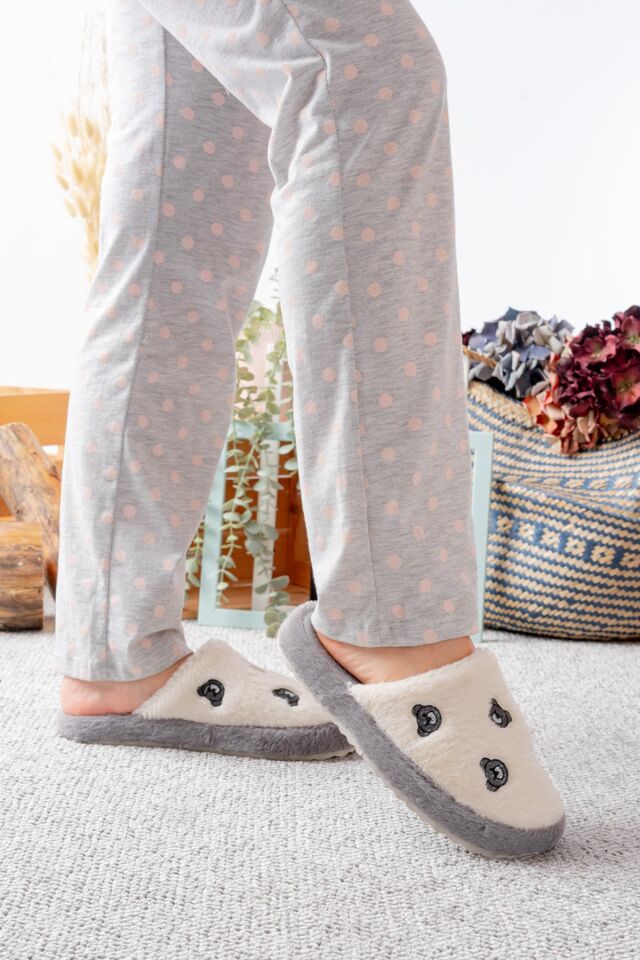 Pofuduk Figürlü Panduf Kadın Ev Teliği Ses Yapmaz Hafif Yumuşak Taban AYILI GRİ - 38-39