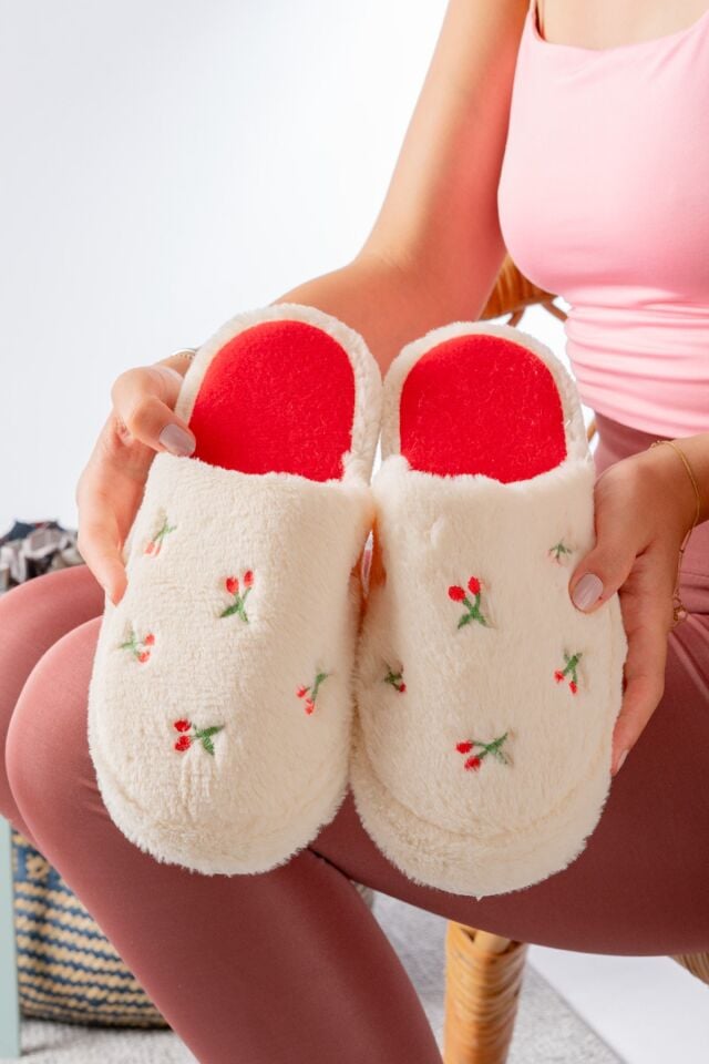 Pofuduk Figürlü Panduf Kadın Ev Teliği Ses Yapmaz Hafif Yumuşak Taban KİRAZ BEYAZ - 36-37