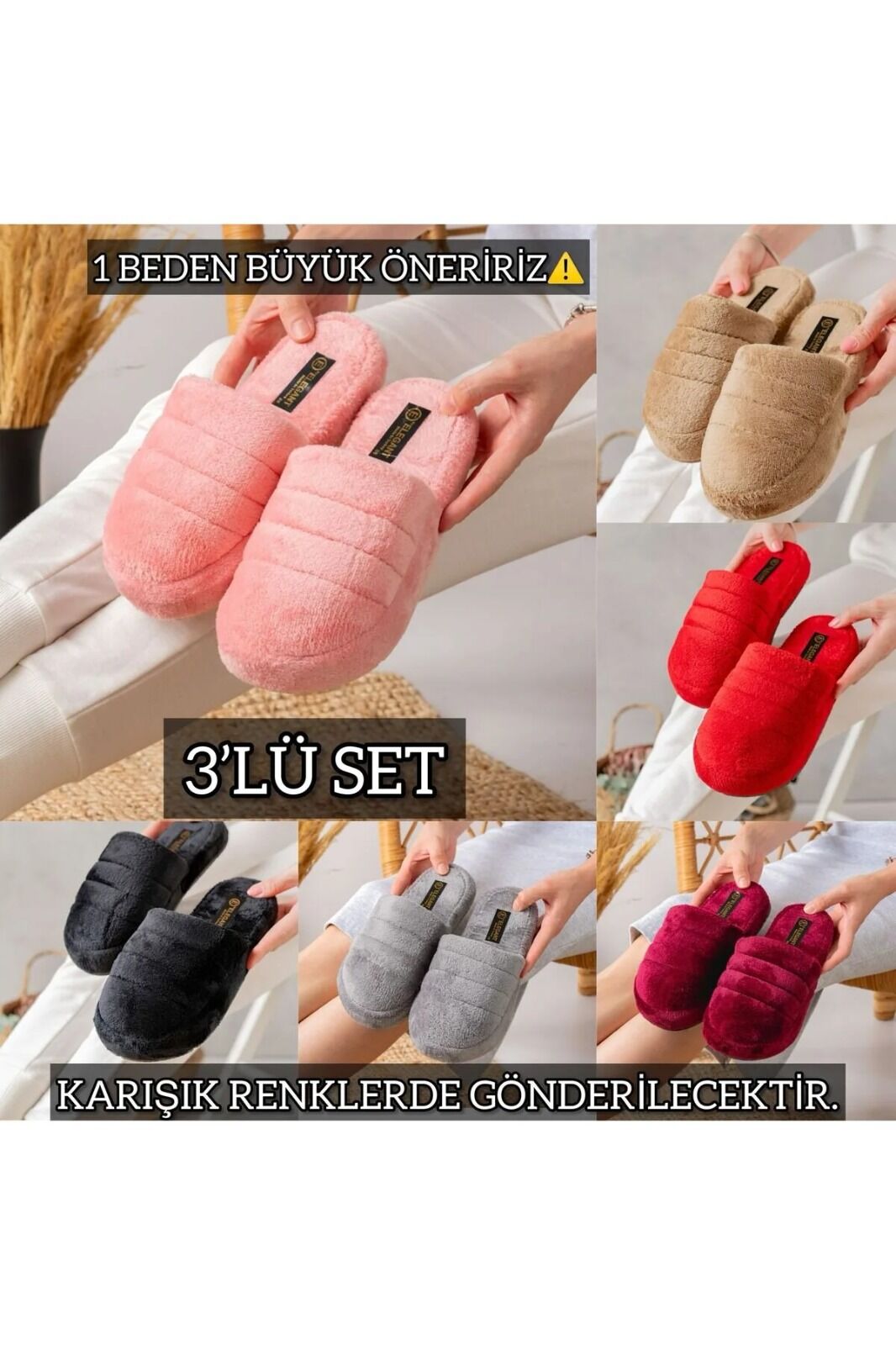 3'lü Sessiz Taban Kadın Terlik Kapalı Ev Terliği Misafir Terliği Çeyiz Bohça Terliği ÜÇLÜ ATOM - 38