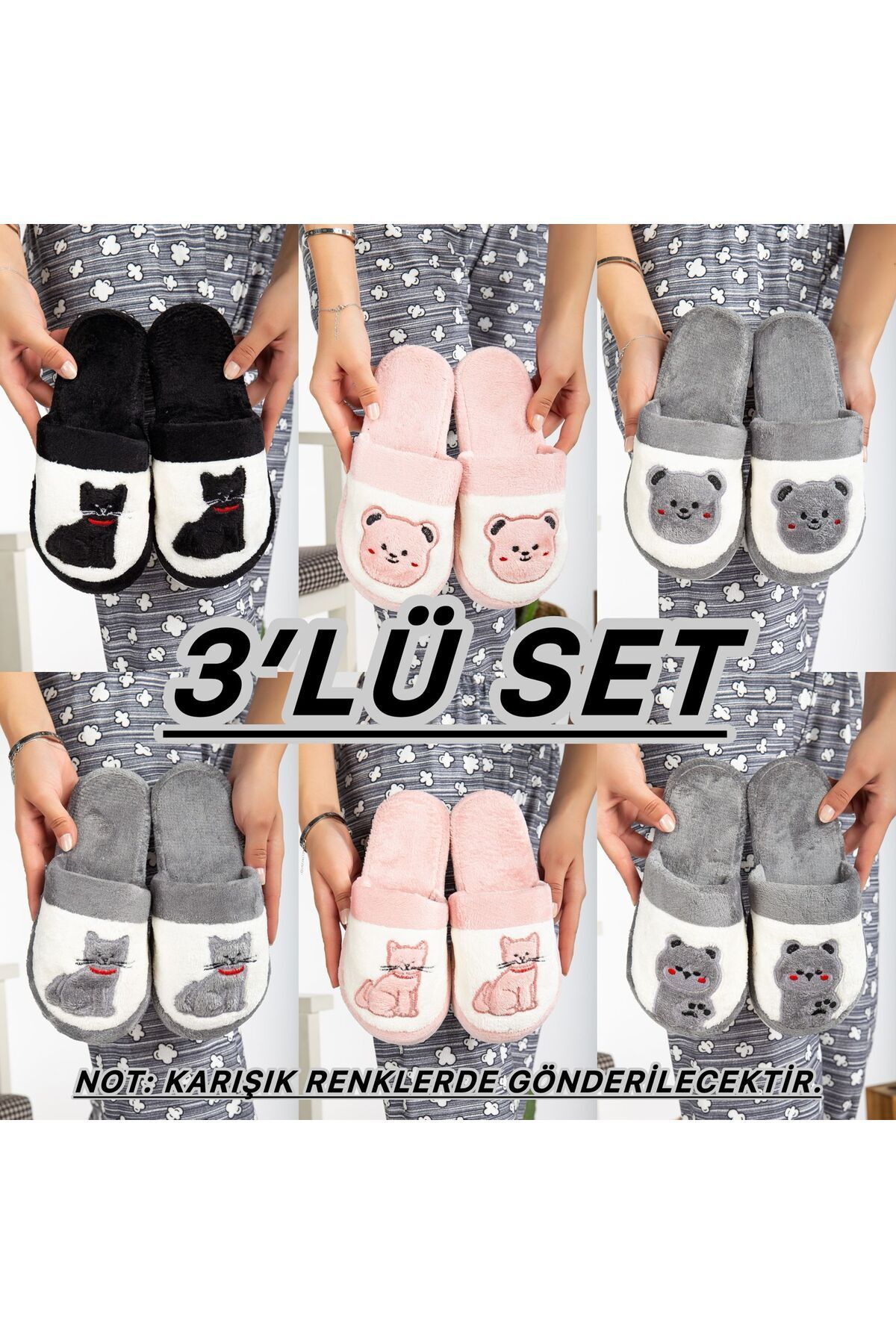 3' lü Kadın Kedi Pati Baskılı Kışlık Ev Terliği ÜÇLÜ KEDİ PATİ - 37