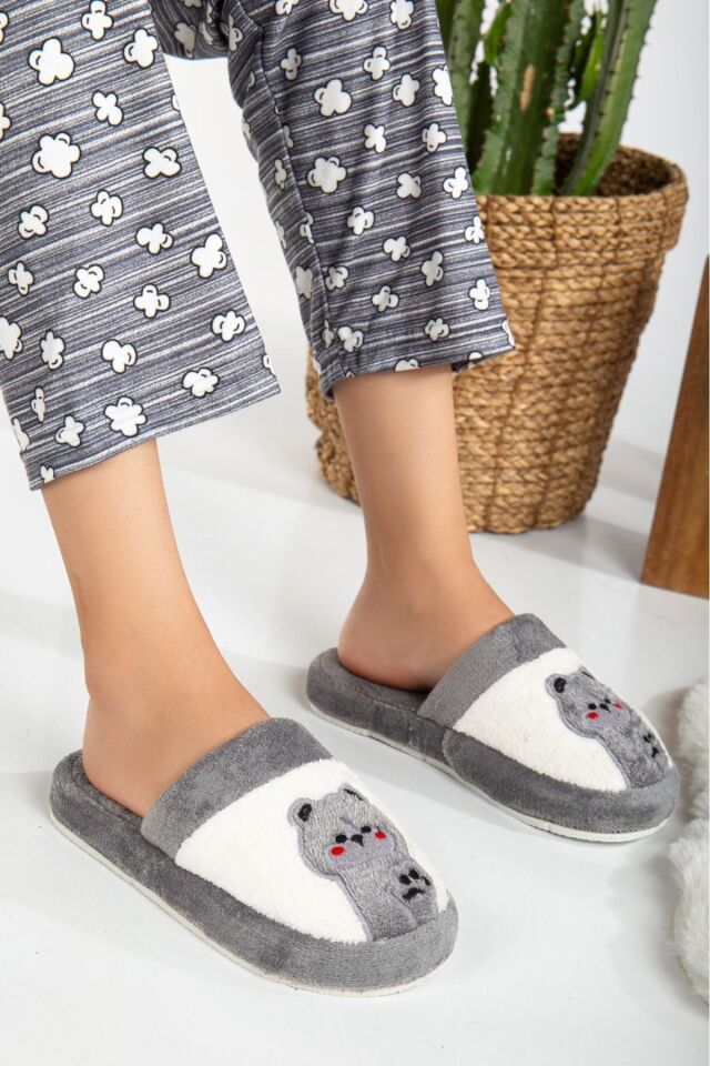 3' lü Kadın Kedi Pati Baskılı Kışlık Ev Terliği ÜÇLÜ KEDİ PATİ - 39