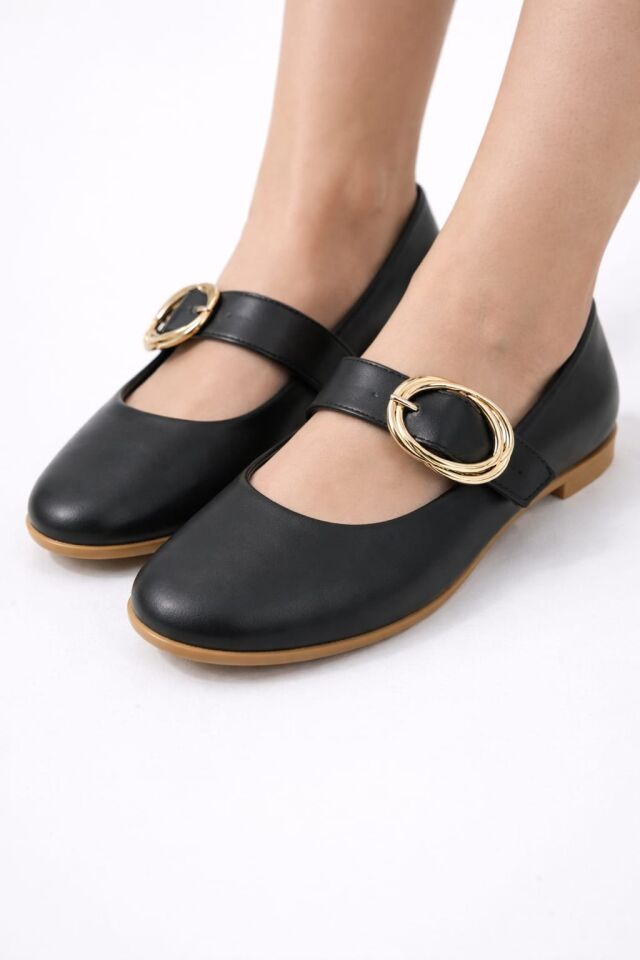 Kadın Günlük Rahat Babet Kalın Kemerli Kadın Babet MAT SİYAH - 38