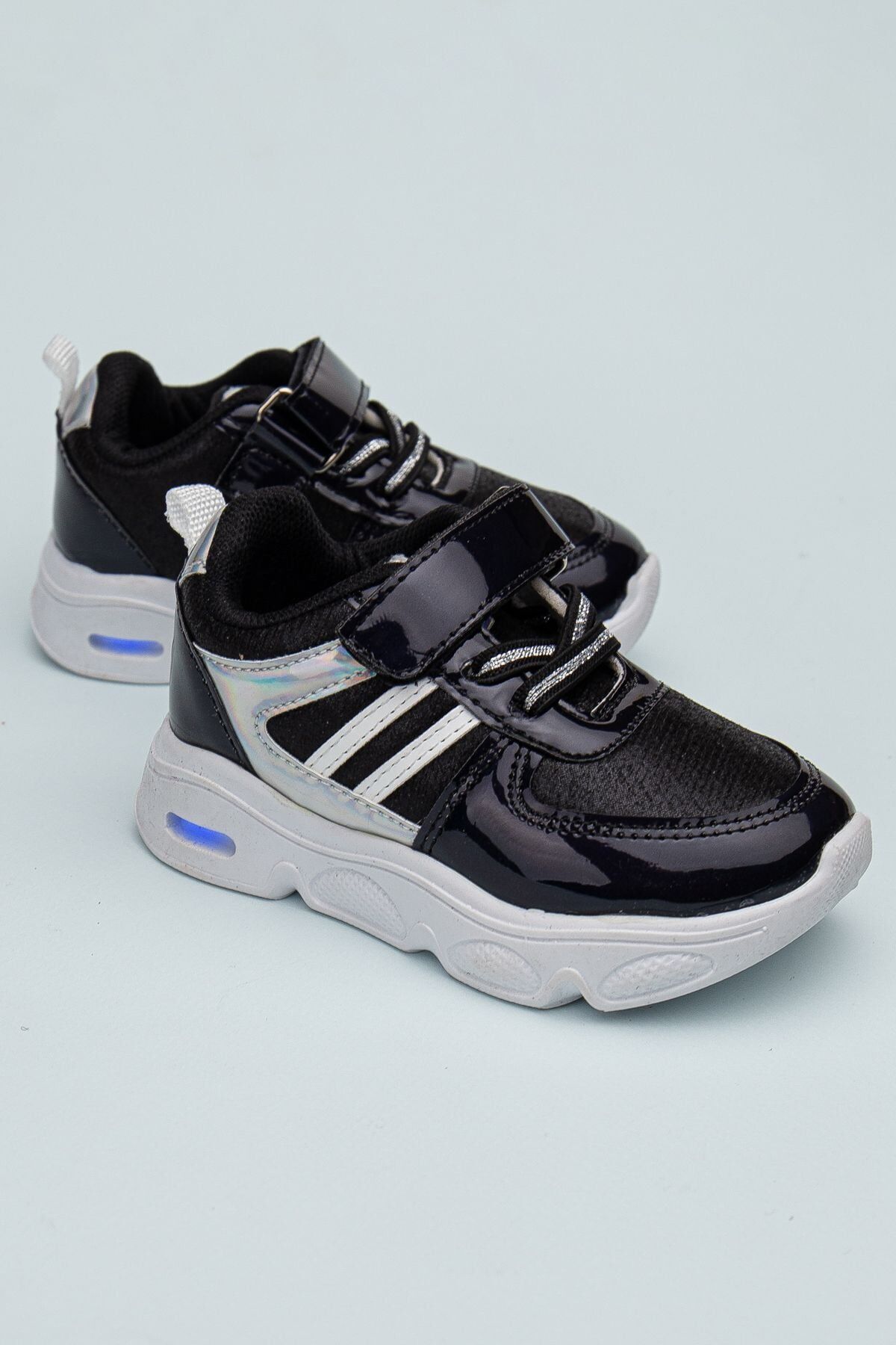 Rahat Hafif Yumuşak Unisex Cırt Cırtlı Işıklı Çocuk Sneaker -Spor Ayakkabı SİYAH-SİYAH - 22
