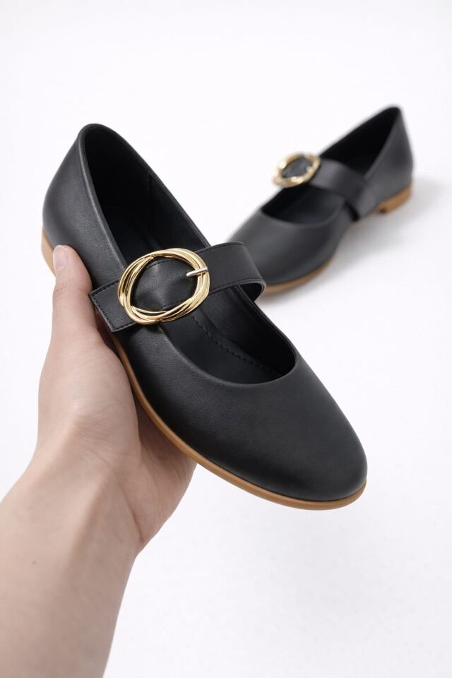 Kadın Günlük Rahat Babet Kalın Kemerli Kadın Babet MAT SİYAH - 40