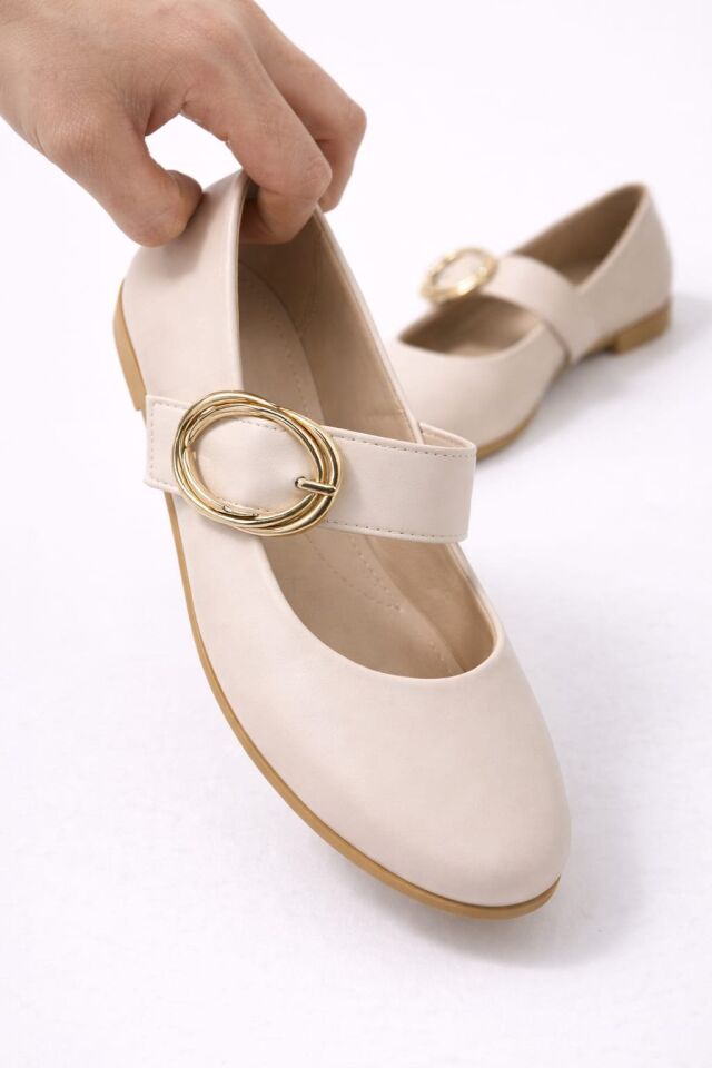 Kadın Günlük Rahat Babet Kalın Kemerli Kadın Babet MAT KREM - 36