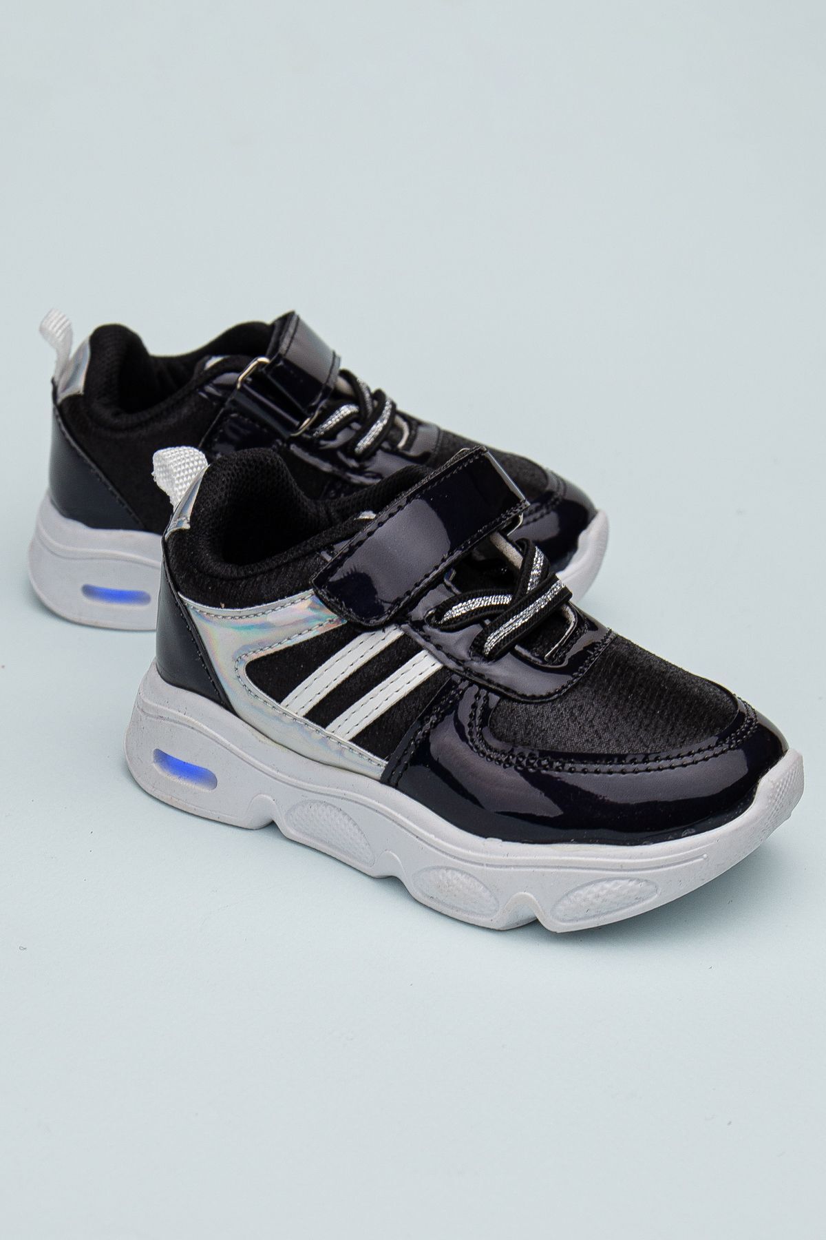 Rahat Hafif Yumuşak Unisex Cırt Cırtlı Işıklı Çocuk Sneaker -Spor Ayakkabı SİYAH-SİYAH - 24