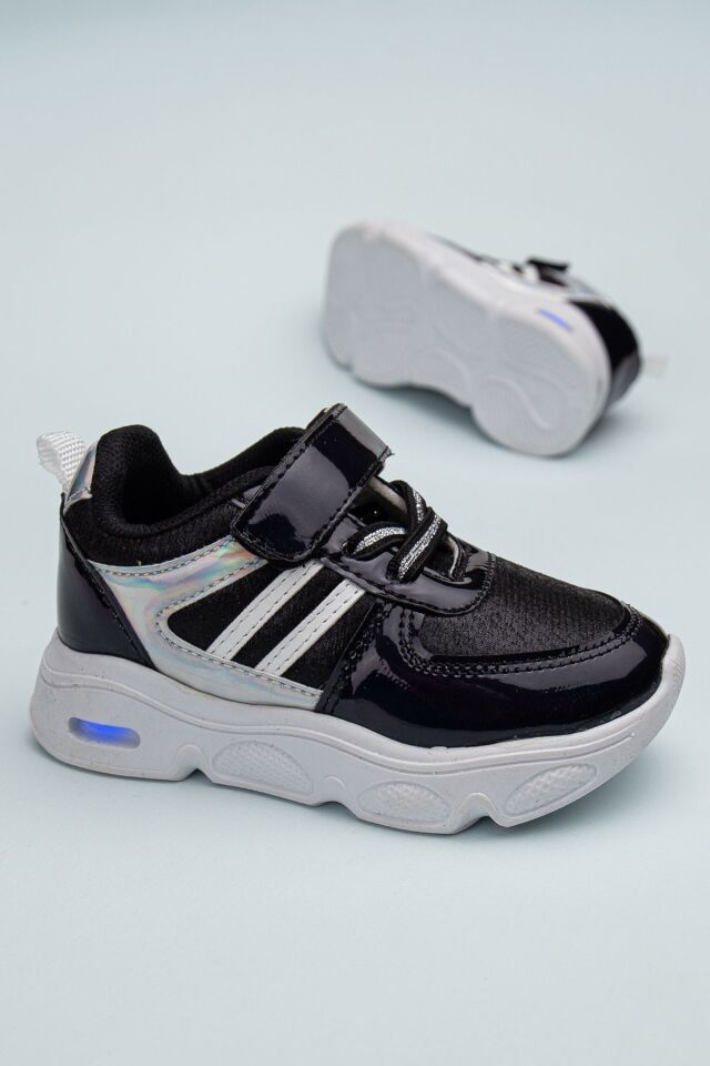 Rahat Hafif Yumuşak Unisex Cırt Cırtlı Işıklı Çocuk Sneaker -Spor Ayakkabı SİYAH-SİYAH - 25