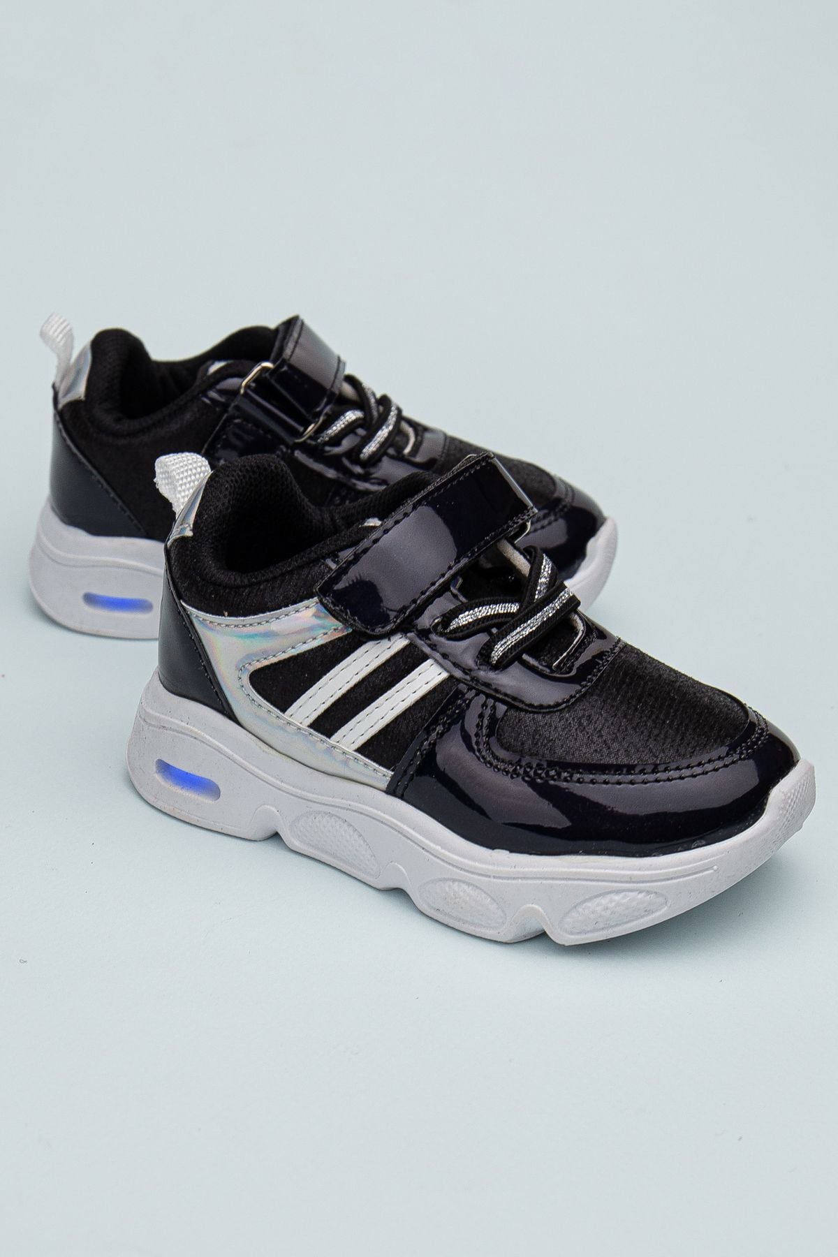 Rahat Hafif Yumuşak Unisex Cırt Cırtlı Işıklı Çocuk Sneaker -Spor Ayakkabı SİYAH-SİYAH - 25