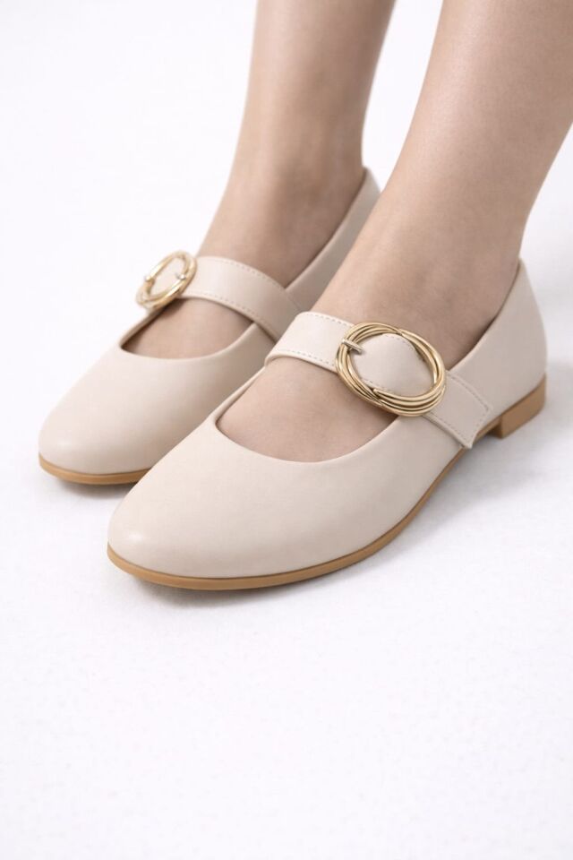 Kadın Günlük Rahat Babet Kalın Kemerli Kadın Babet MAT KREM - 40