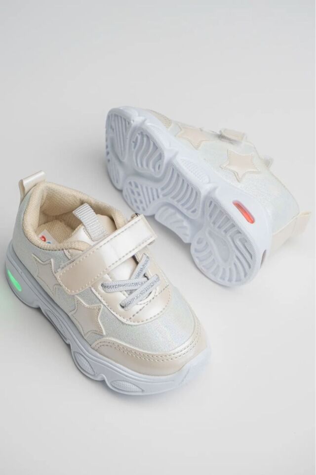 Rahat Hafif Yumuşak Unisex Cırt Cırtlı Işıklı Çocuk Sneaker -Spor Ayakkabı KREM - 24