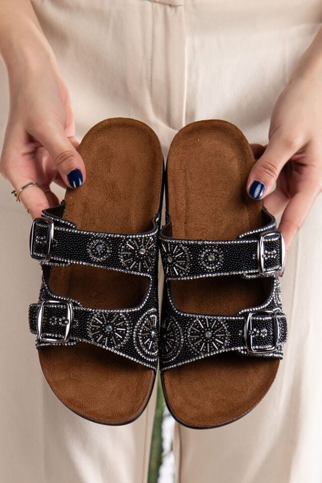 Pien Çift Tokalı  Şık Günlük Ful Ortapedik Terlik SİYAH - 39