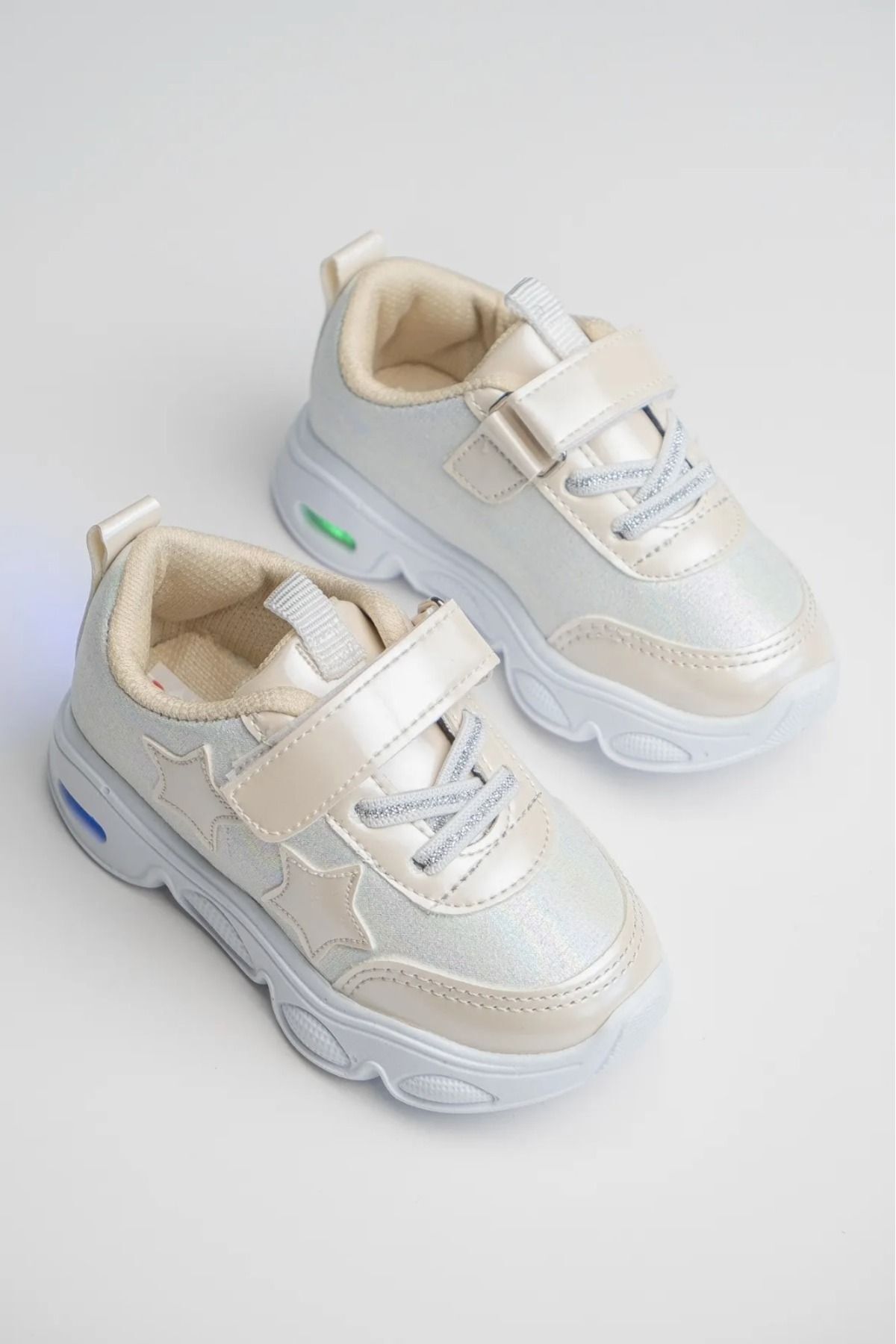 Rahat Hafif Yumuşak Unisex Cırt Cırtlı Işıklı Çocuk Sneaker -Spor Ayakkabı KREM - 23