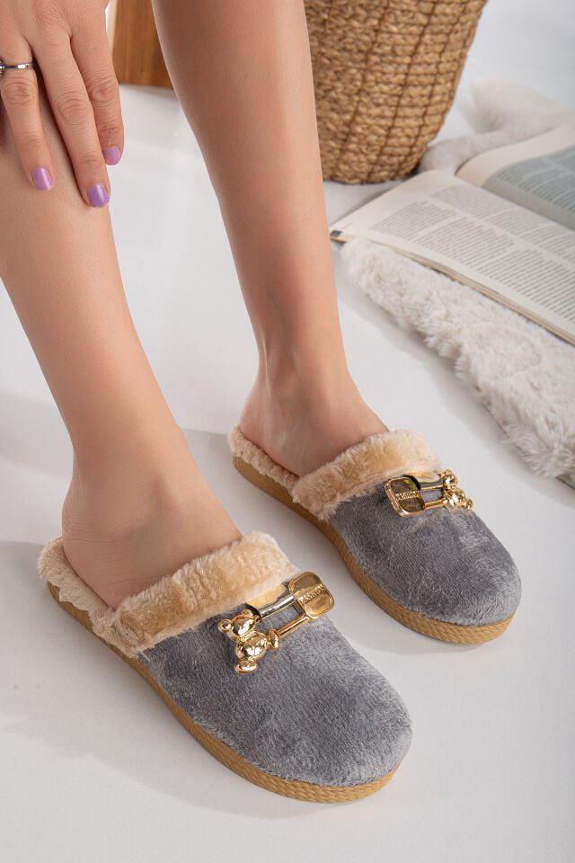 Kadın Tokalı Peluş Terlik Ev Terliği-Misafir Terliği-Bohça Terliği-Çeyiz Terliği GRİ - 40