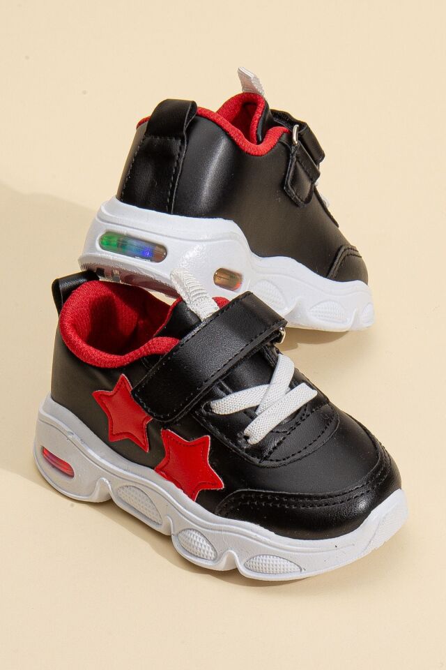 Rahat Hafif Yumuşak Unisex Cırt Cırtlı Işıklı Çocuk Sneaker -Spor Ayakkabı SİYAH-KIRMIZI - 25