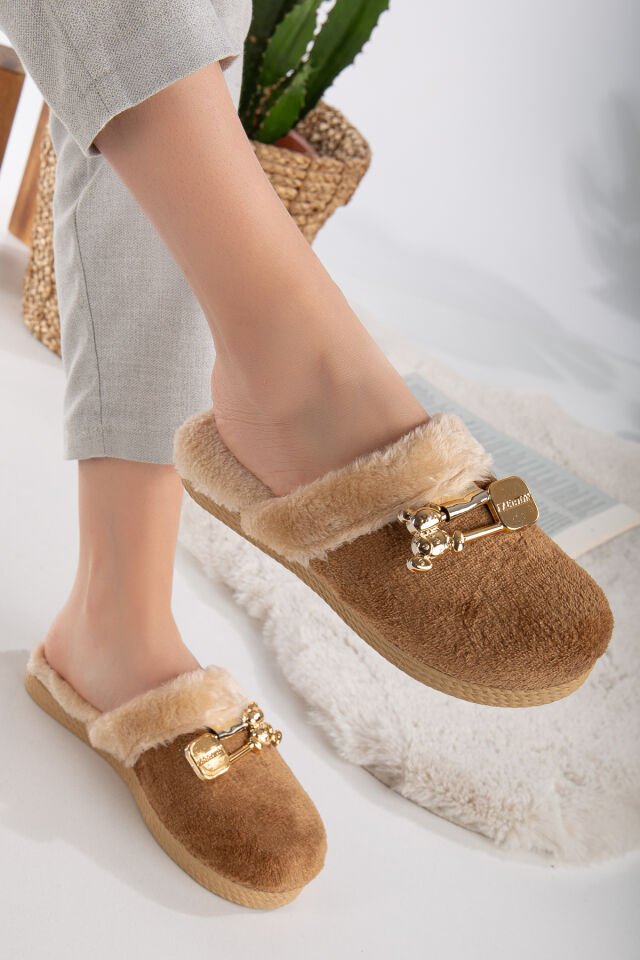 Kadın Tokalı Peluş Terlik Ev Terliği-Misafir Terliği-Bohça Terliği-Çeyiz Terliği KAHVERENGİ - 37