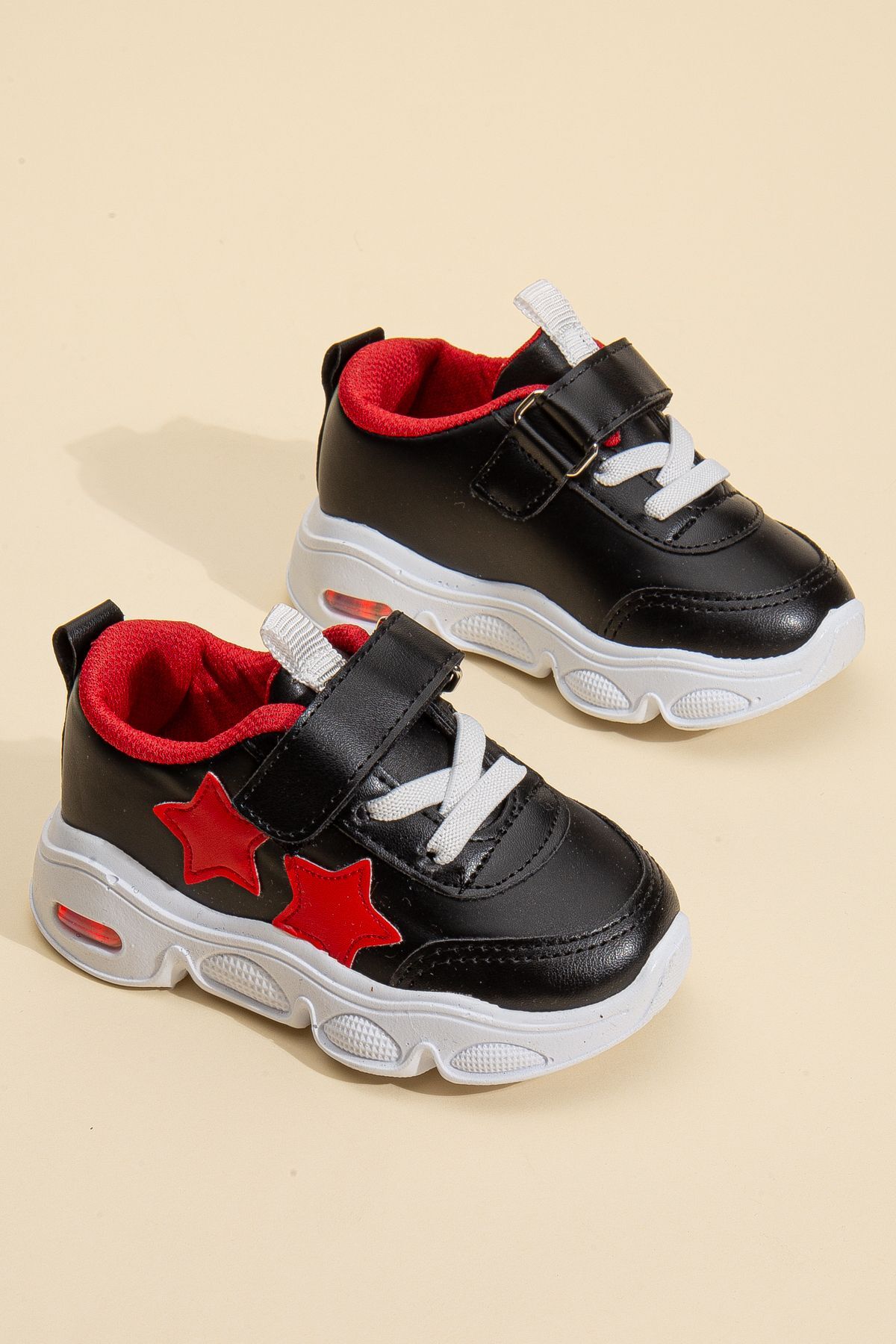 Rahat Hafif Yumuşak Unisex Cırt Cırtlı Işıklı Çocuk Sneaker -Spor Ayakkabı SİYAH-KIRMIZI - 25