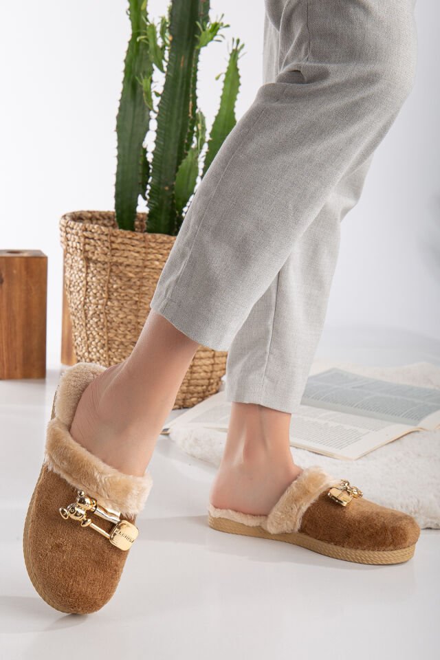 Kadın Tokalı Peluş Terlik Ev Terliği-Misafir Terliği-Bohça Terliği-Çeyiz Terliği KAHVERENGİ - 39