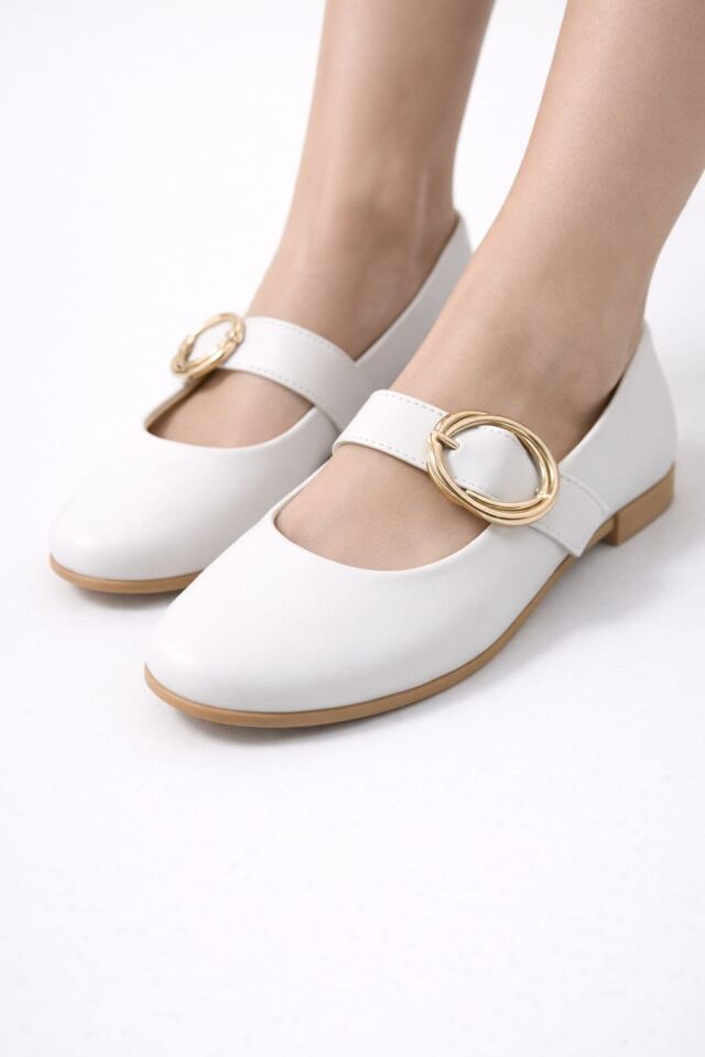 Kadın Günlük Rahat Babet Kalın Kemerli Kadın Babet MAT BEYAZ - 37