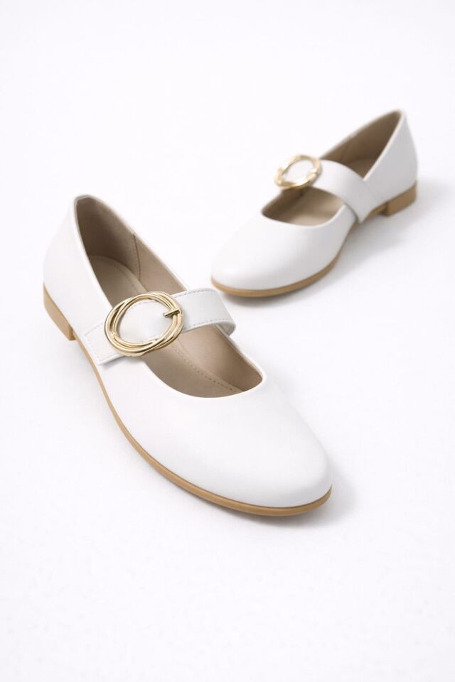 Kadın Günlük Rahat Babet Kalın Kemerli Kadın Babet MAT BEYAZ - 37