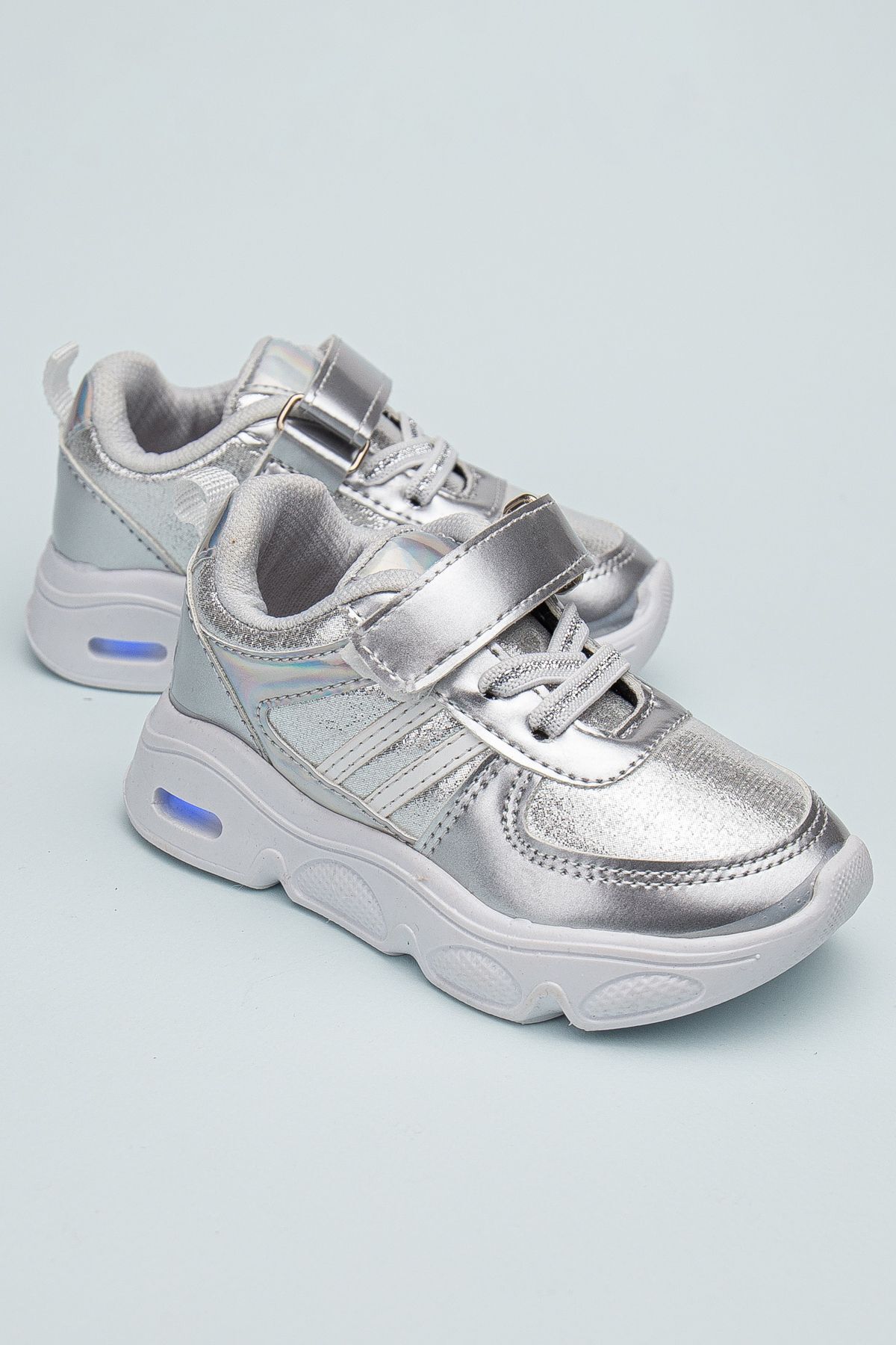 Rahat Hafif Yumuşak Unisex Cırt Cırtlı Işıklı Çocuk Sneaker -Spor Ayakkabı GÜMÜŞ - 25