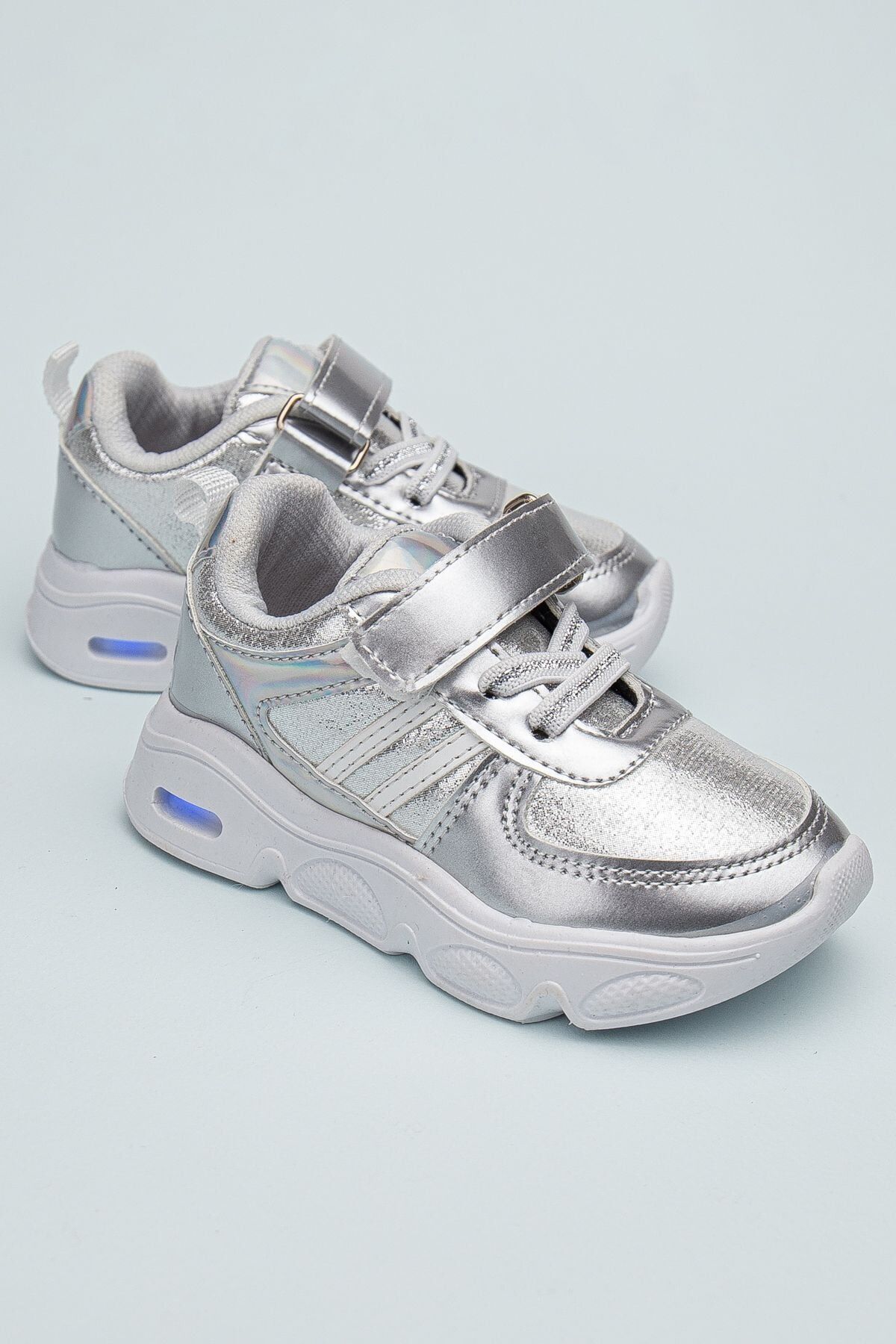 Rahat Hafif Yumuşak Unisex Cırt Cırtlı Işıklı Çocuk Sneaker -Spor Ayakkabı GÜMÜŞ - 22