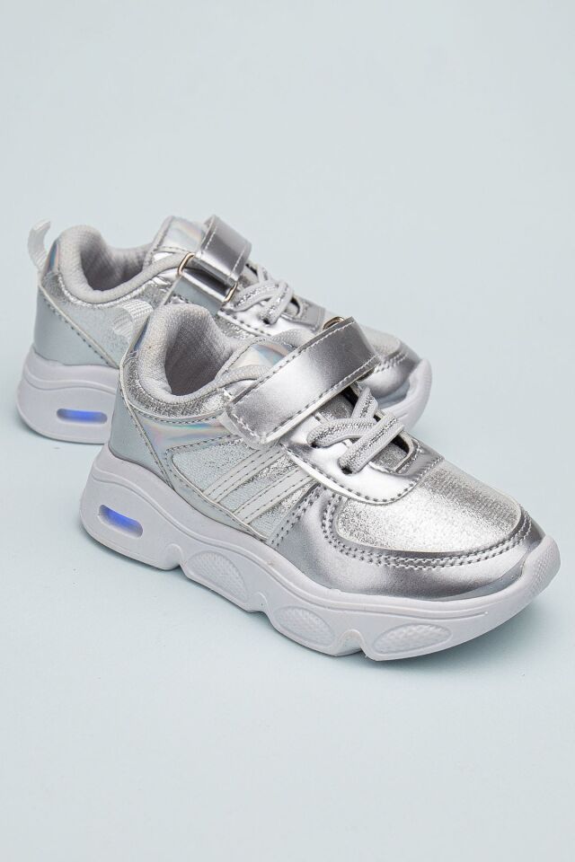 Rahat Hafif Yumuşak Unisex Cırt Cırtlı Işıklı Çocuk Sneaker -Spor Ayakkabı GÜMÜŞ - 22