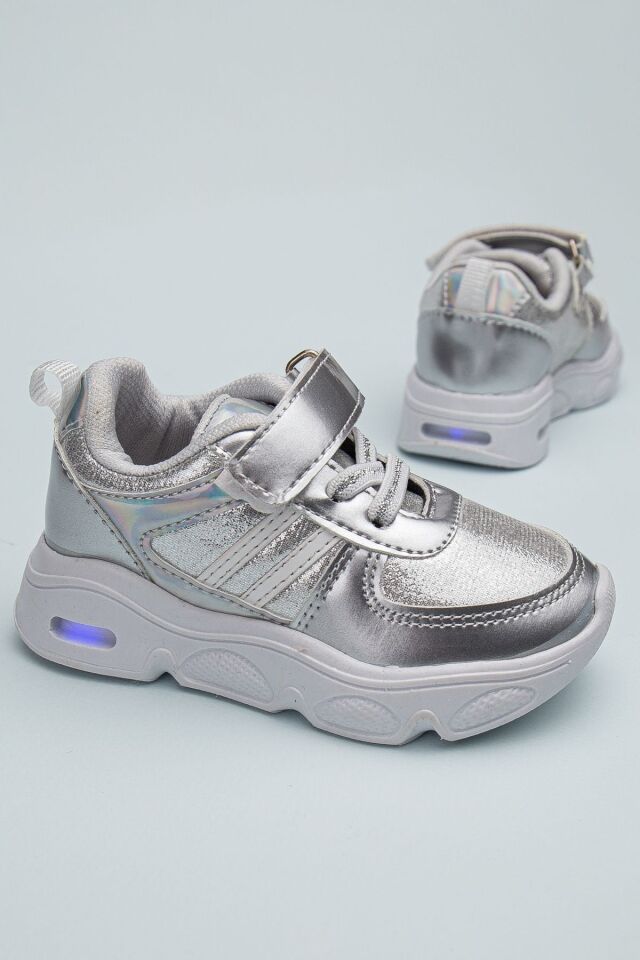Rahat Hafif Yumuşak Unisex Cırt Cırtlı Işıklı Çocuk Sneaker -Spor Ayakkabı GÜMÜŞ - 22