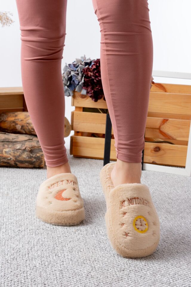 Peluş Gece Gündüz Kadın Ev Terliği  Peluş Ev Terliği Misafir Terliği Bohça Terliği VİZON - 40