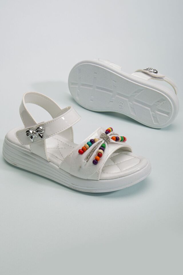 Çocuk Sandalet ,Bebek Sandalet , Düğün Ayakkabısı , Kaydırmaz Yazlık Şık Çocuk Ayakkabısı BEYAZ BONCUKLU - 33
