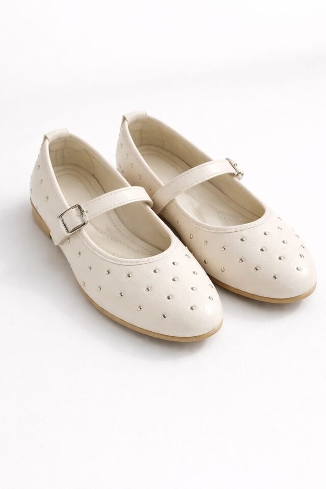 Bayan Bantlı Rugan Taş Detaylı Şık Günlük Babet Ayakkabı KREM - 40