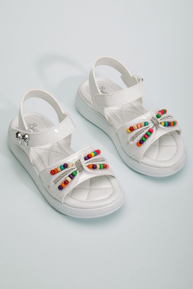 Çocuk Sandalet ,Bebek Sandalet , Düğün Ayakkabısı , Kaydırmaz Yazlık Şık Çocuk Ayakkabısı BEYAZ BONCUKLU - 35