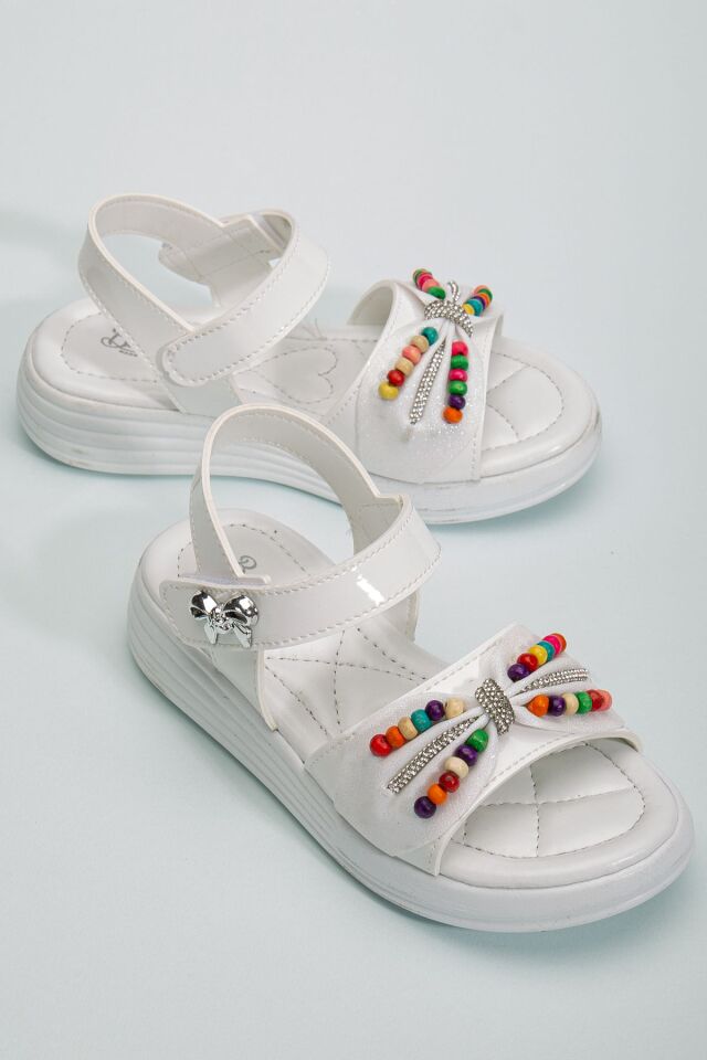 Çocuk Sandalet ,Bebek Sandalet , Düğün Ayakkabısı , Kaydırmaz Yazlık Şık Çocuk Ayakkabısı BEYAZ BONCUKLU - 35
