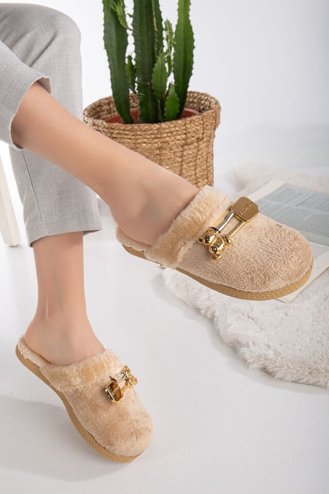 Kadın Tokalı Peluş Terlik Ev Terliği-Misafir Terliği-Bohça Terliği-Çeyiz Terliği BEJ - 39