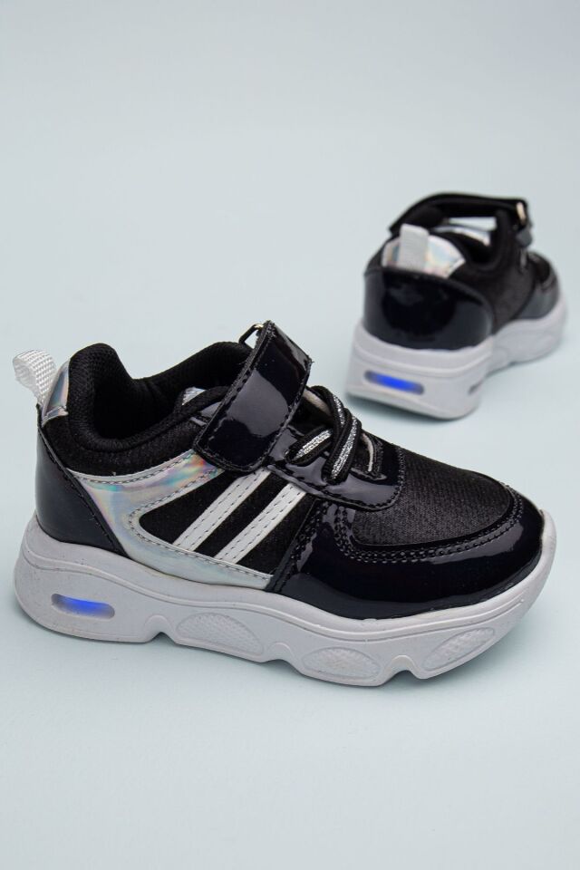Rahat Hafif Yumuşak Unisex Cırt Cırtlı Işıklı Çocuk Sneaker -Spor Ayakkabı SİYAH-SİYAH - 23