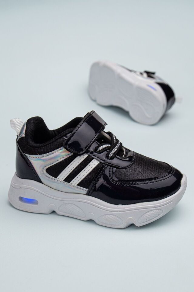 Rahat Hafif Yumuşak Unisex Cırt Cırtlı Işıklı Çocuk Sneaker -Spor Ayakkabı SİYAH-SİYAH - 23