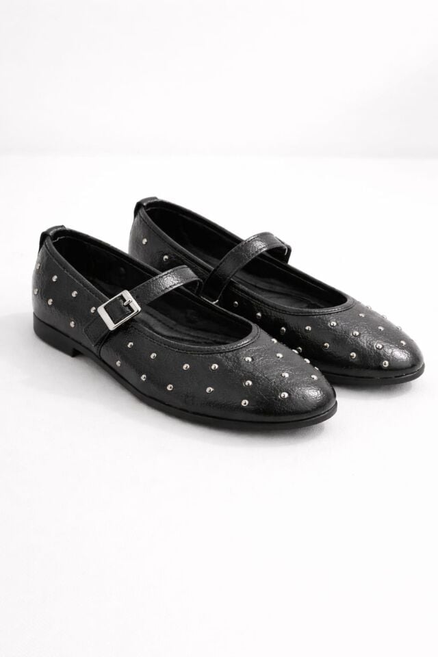 Bayan Bantlı Rugan Taş Detaylı Şık Günlük Babet Ayakkabı SİYAH - 40