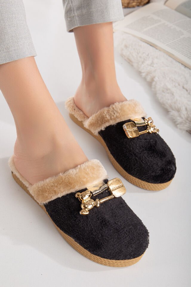 Kadın Tokalı Peluş Terlik Ev Terliği-Misafir Terliği-Bohça Terliği-Çeyiz Terliği SİYAH - 38