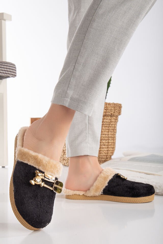 Kadın Tokalı Peluş Terlik Ev Terliği-Misafir Terliği-Bohça Terliği-Çeyiz Terliği SİYAH - 38