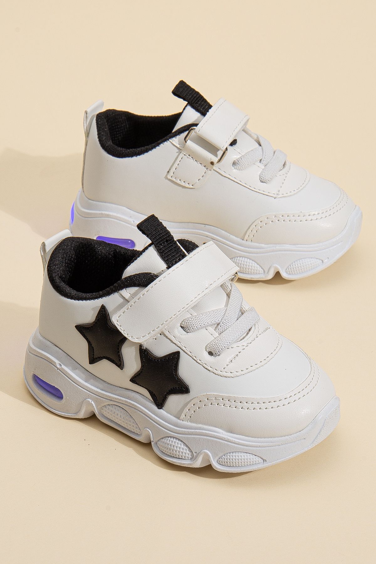 Rahat Hafif Yumuşak Unisex Cırt Cırtlı Işıklı Çocuk Sneaker -Spor Ayakkabı BEYAZ-SİYAH - 22