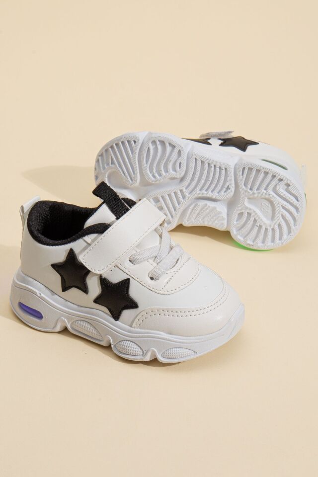 Rahat Hafif Yumuşak Unisex Cırt Cırtlı Işıklı Çocuk Sneaker -Spor Ayakkabı BEYAZ-SİYAH - 23