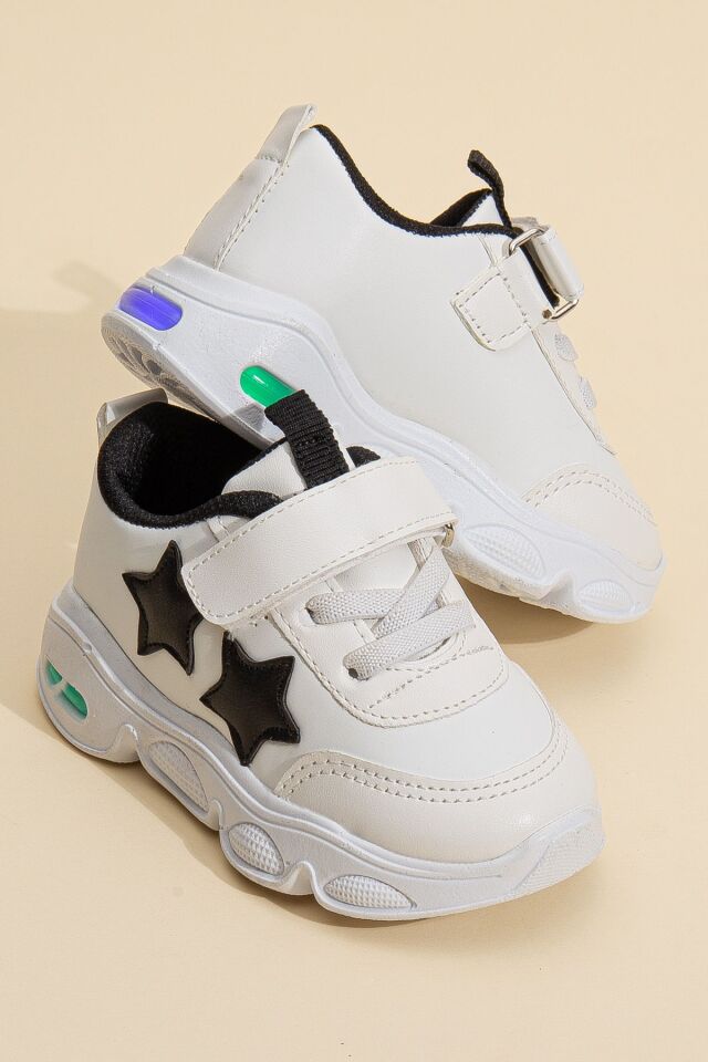 Rahat Hafif Yumuşak Unisex Cırt Cırtlı Işıklı Çocuk Sneaker -Spor Ayakkabı BEYAZ-SİYAH - 23