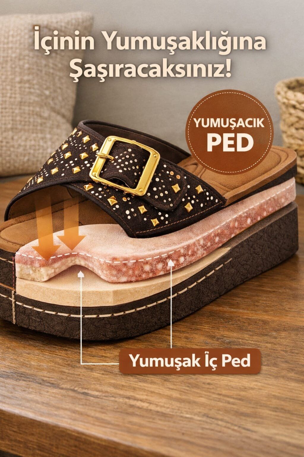 Ultra Konfor Kadın Terliği İçi Pedli, Ortopedik, Yumuşak Taban KAHVERENGİ - 38