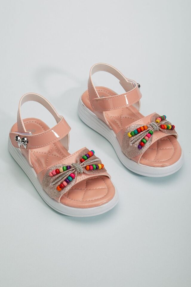 Çocuk Sandalet ,Bebek Sandalet , Düğün Ayakkabısı , Kaydırmaz Yazlık Şık Çocuk Ayakkabısı PUDRA BONCUKLU - 34