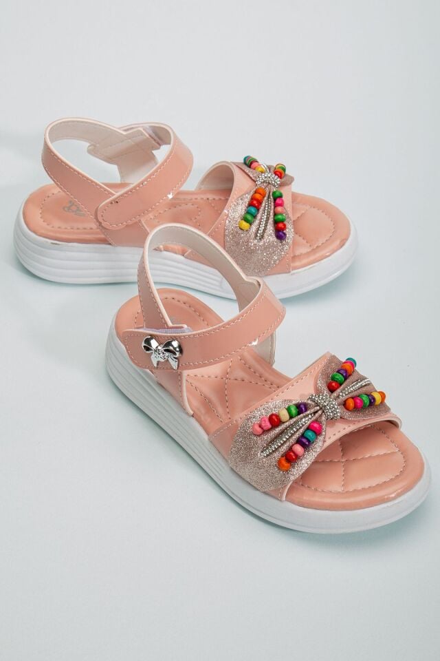 Çocuk Sandalet ,Bebek Sandalet , Düğün Ayakkabısı , Kaydırmaz Yazlık Şık Çocuk Ayakkabısı PUDRA BONCUKLU - 34