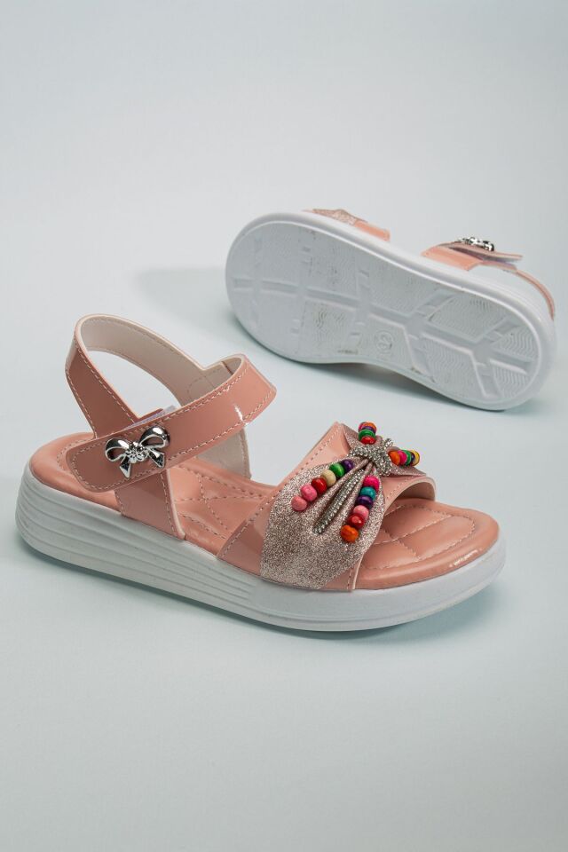 Çocuk Sandalet ,Bebek Sandalet , Düğün Ayakkabısı , Kaydırmaz Yazlık Şık Çocuk Ayakkabısı PUDRA BONCUKLU - 34