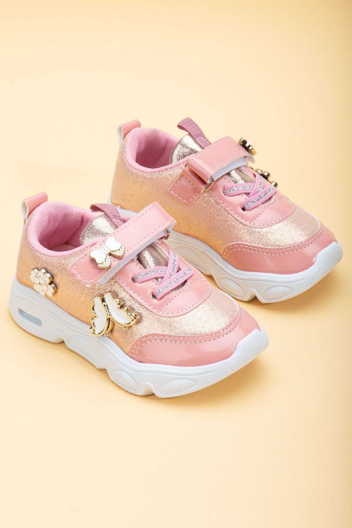 Rahat Hafif Yumuşak Unisex Cırt Cırtlı Işıklı Çocuk Sneaker -Spor Ayakkabı PEMBE - 25