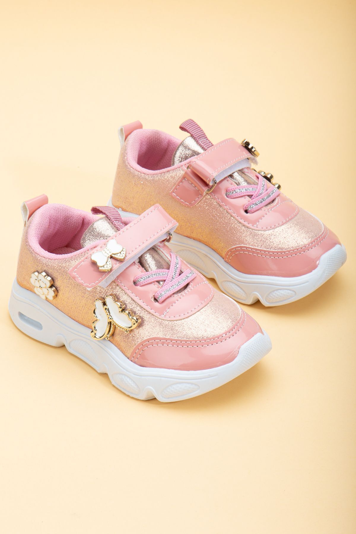 Rahat Hafif Yumuşak Unisex Cırt Cırtlı Işıklı Çocuk Sneaker -Spor Ayakkabı PEMBE - 22
