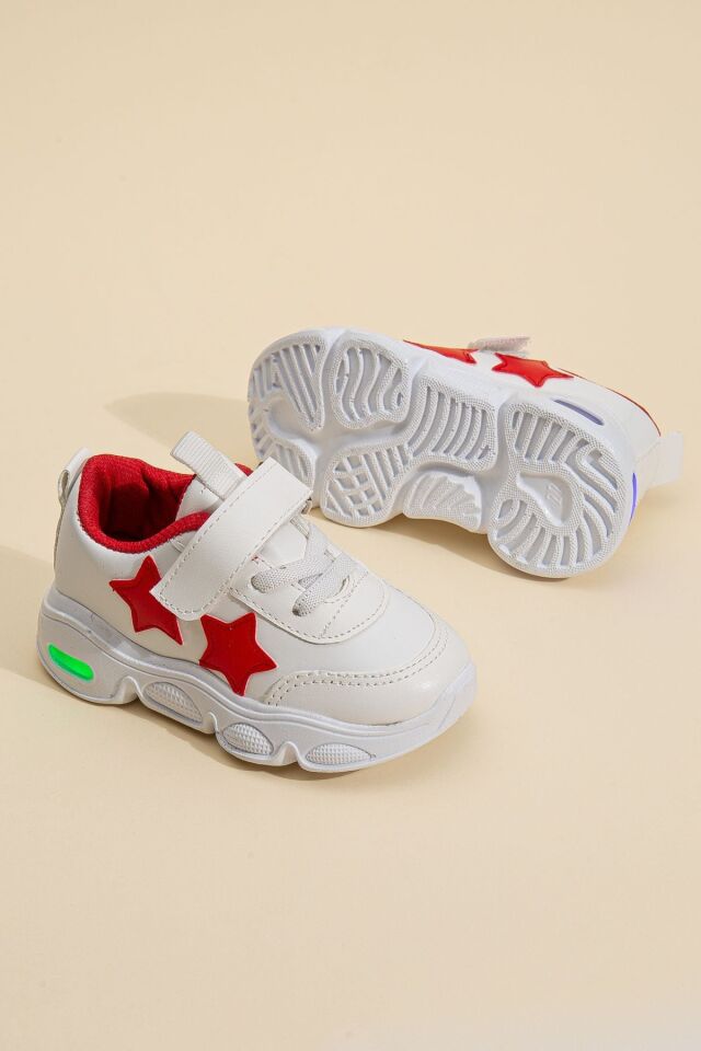 Rahat Hafif Yumuşak Unisex Cırt Cırtlı Işıklı Çocuk Sneaker -Spor Ayakkabı BEYAZ-KIRMIZI - 24